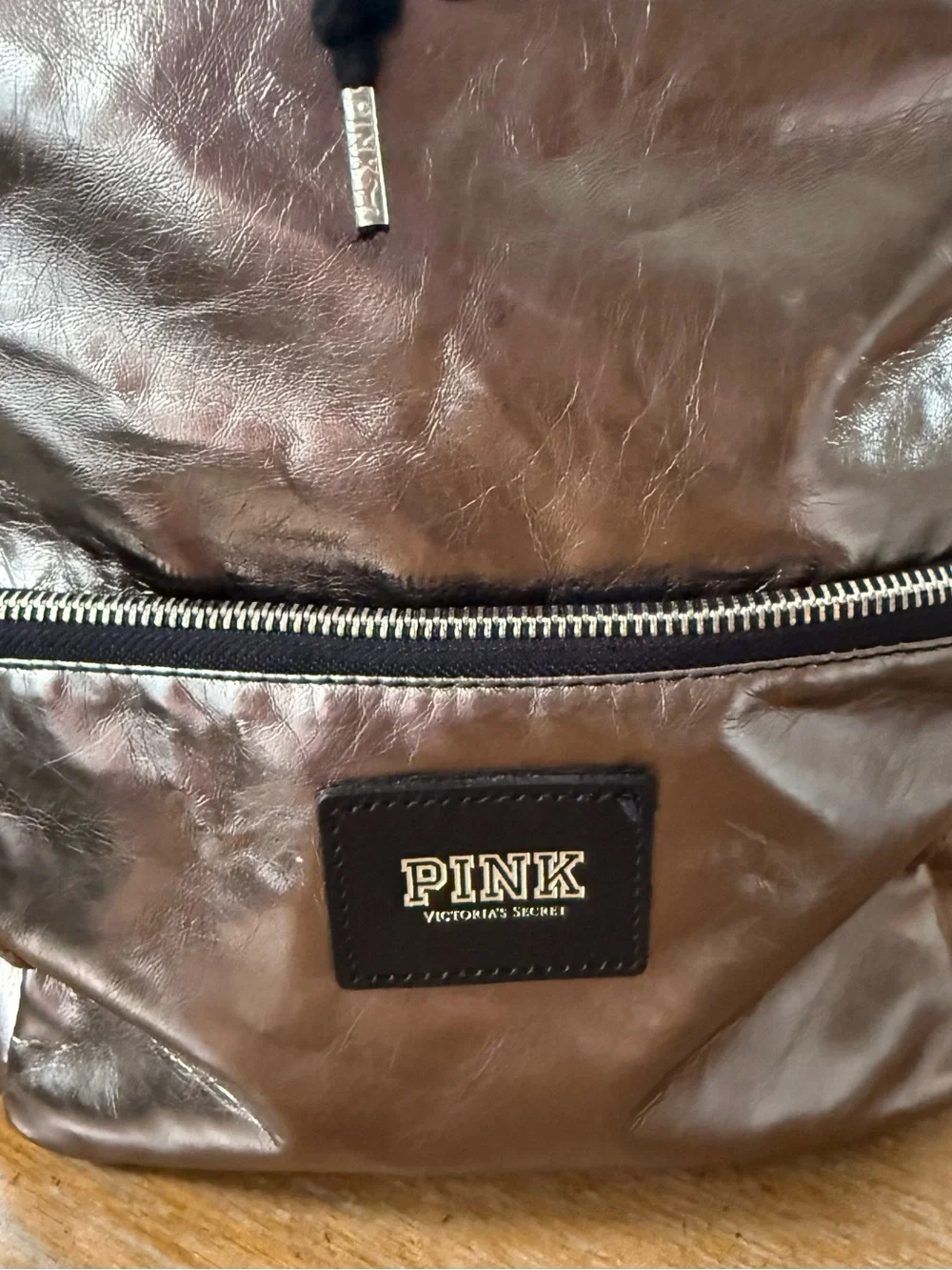 PINK Victoria's Secret Metallic Pewter Backpack with Black Trim